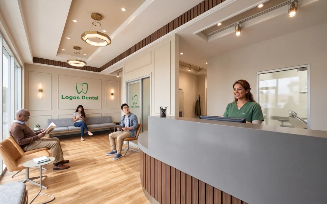 Image of the Logos Dental reception area, with a receptionist and people waiting their turn