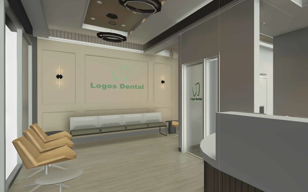 Rendered image of the Logos Dental reception area